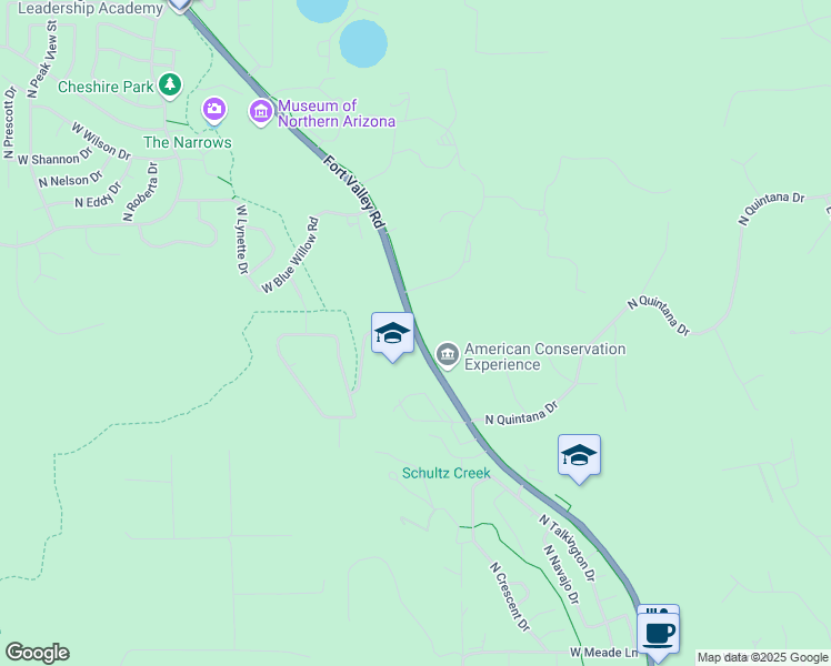 map of restaurants, bars, coffee shops, grocery stores, and more near 3001 North Fort Valley Road in Flagstaff