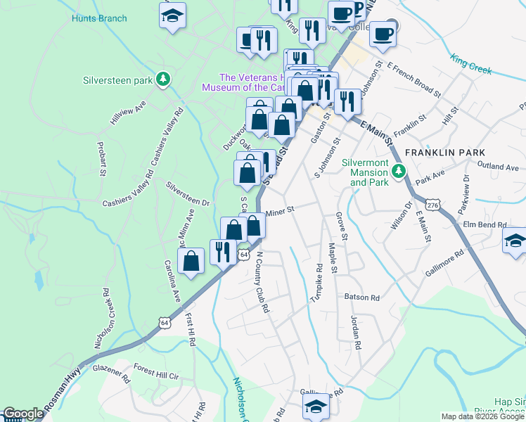 map of restaurants, bars, coffee shops, grocery stores, and more near 483 South Broad Street in Brevard