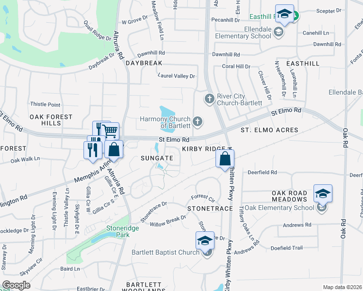 map of restaurants, bars, coffee shops, grocery stores, and more near 3731 Oakmoor Circle West in Bartlett