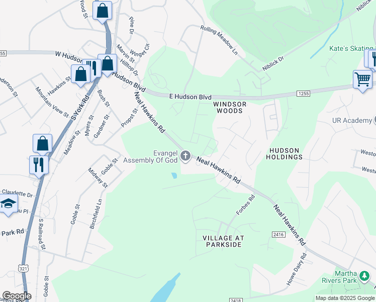 map of restaurants, bars, coffee shops, grocery stores, and more near 624 Neal Hawkins Road in Gastonia