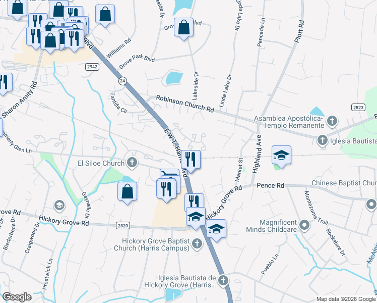 map of restaurants, bars, coffee shops, grocery stores, and more near 6300 Windsor Gate Lane in Charlotte