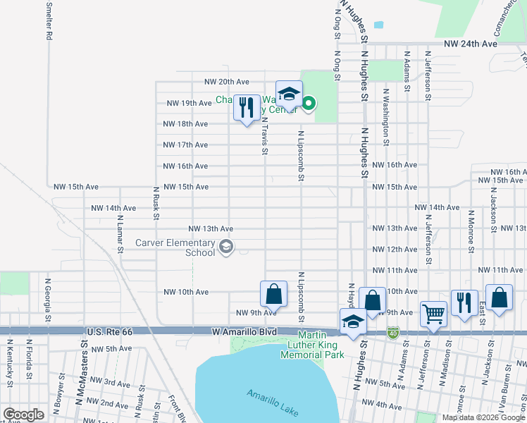 map of restaurants, bars, coffee shops, grocery stores, and more near 1300 North Travis Street in Amarillo