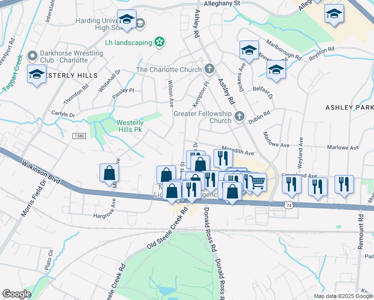 map of restaurants, bars, coffee shops, grocery stores, and more near 2418 Westerly Hills Drive in Charlotte