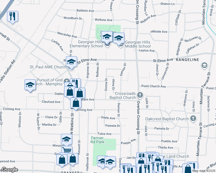 map of restaurants, bars, coffee shops, grocery stores, and more near 3737 Donna Drive in Memphis