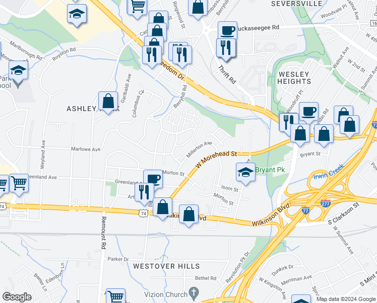 map of restaurants, bars, coffee shops, grocery stores, and more near 2100 Millerton Avenue in Charlotte