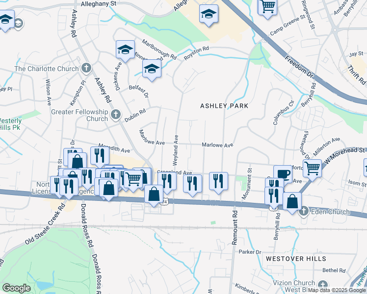 map of restaurants, bars, coffee shops, grocery stores, and more near in Charlotte