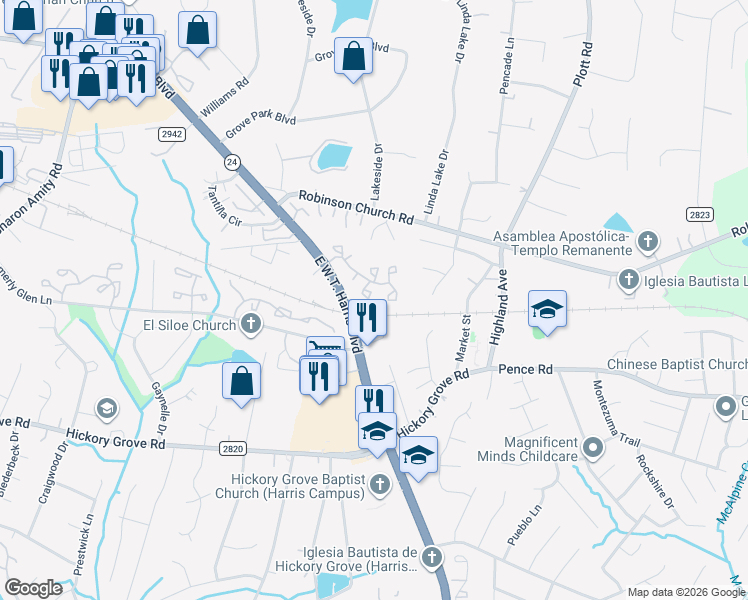 map of restaurants, bars, coffee shops, grocery stores, and more near 6300 Windsor Gate Lane in Charlotte