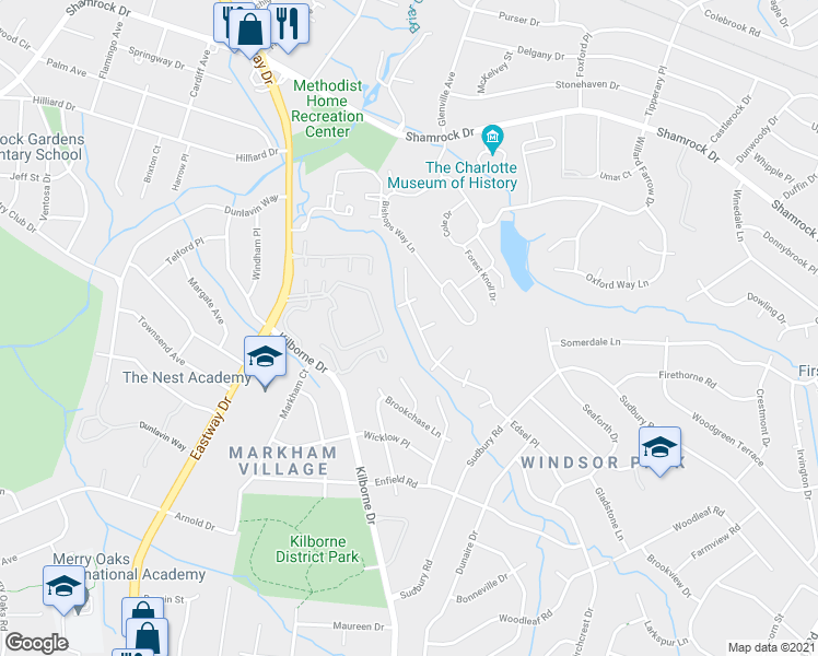 map of restaurants, bars, coffee shops, grocery stores, and more near 2215 Kilborne Drive in Charlotte