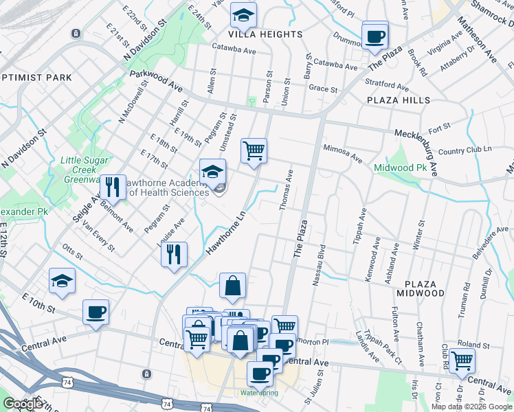 map of restaurants, bars, coffee shops, grocery stores, and more near in Charlotte