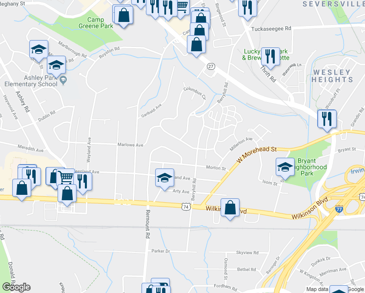 map of restaurants, bars, coffee shops, grocery stores, and more near 2437 Remount Road in Charlotte