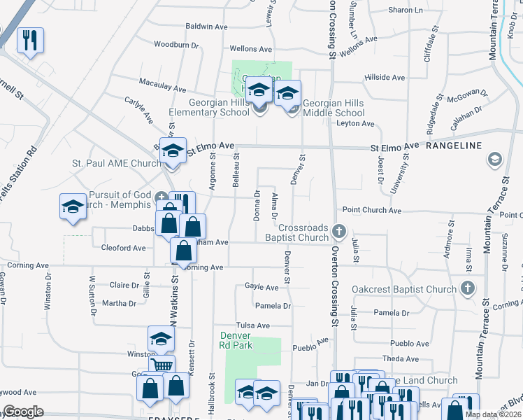 map of restaurants, bars, coffee shops, grocery stores, and more near 3737 Donna Drive in Memphis