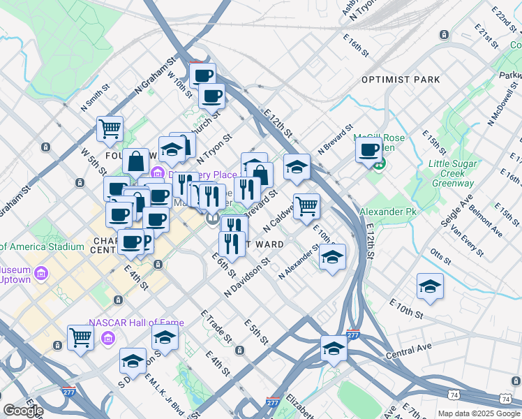map of restaurants, bars, coffee shops, grocery stores, and more near 508 North Brevard Street in Charlotte
