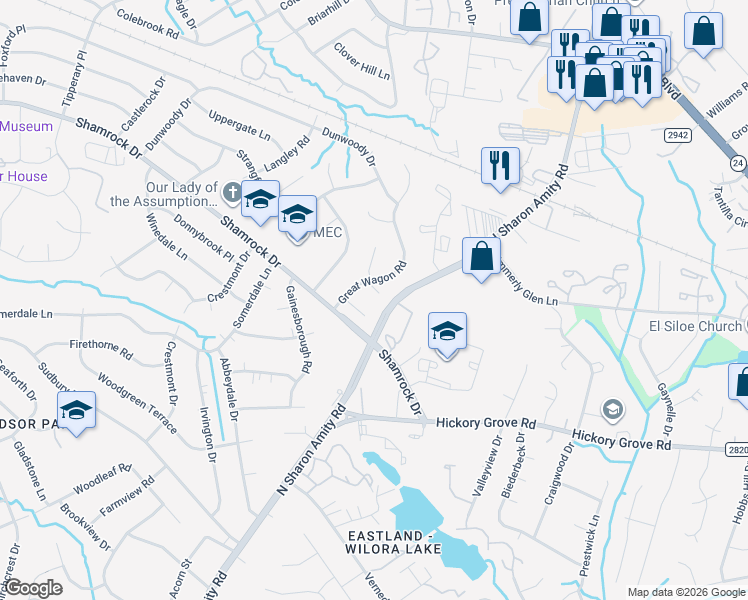 map of restaurants, bars, coffee shops, grocery stores, and more near in Charlotte