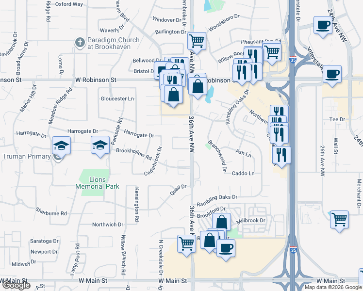 map of restaurants, bars, coffee shops, grocery stores, and more near 3612 Bob White Avenue in Norman