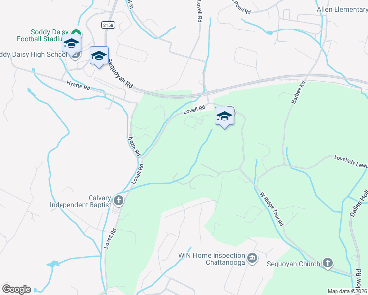 map of restaurants, bars, coffee shops, grocery stores, and more near 9523 West Ridge Trail Road in Soddy-Daisy