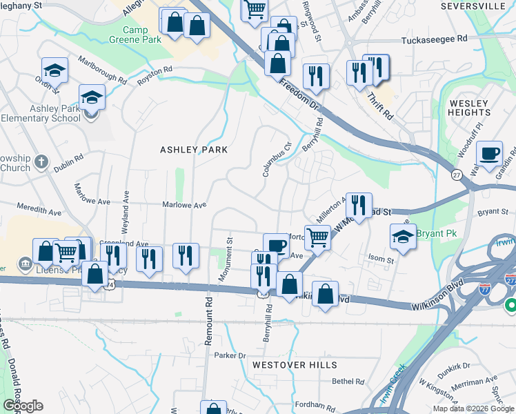 map of restaurants, bars, coffee shops, grocery stores, and more near 2437 Remount Road in Charlotte