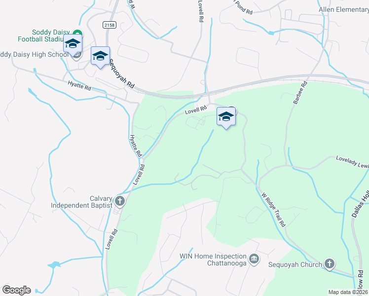 map of restaurants, bars, coffee shops, grocery stores, and more near 9523 West Ridge Trail Road in Soddy-Daisy