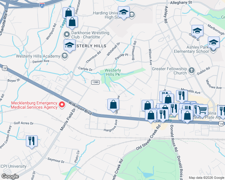 map of restaurants, bars, coffee shops, grocery stores, and more near 3935 Amerigo Street in Charlotte