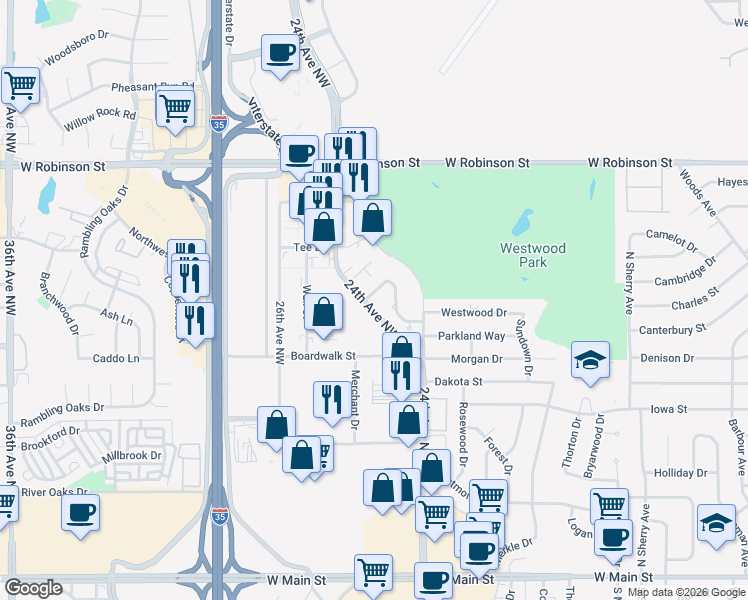 map of restaurants, bars, coffee shops, grocery stores, and more near 2452 Fairway Court in Norman