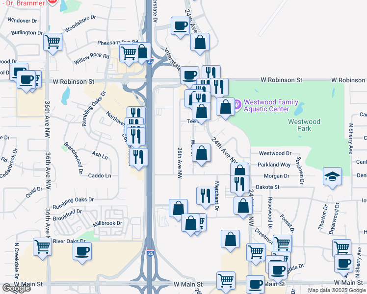 map of restaurants, bars, coffee shops, grocery stores, and more near 716 Wall Street in Norman
