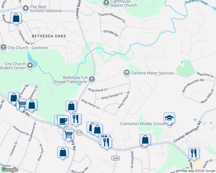 map of restaurants, bars, coffee shops, grocery stores, and more near 209 King David Lane in Gastonia