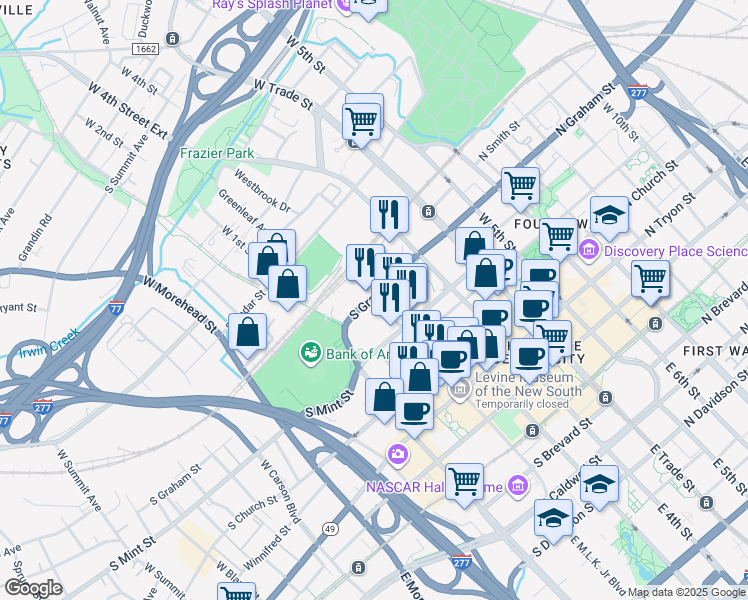 map of restaurants, bars, coffee shops, grocery stores, and more near 401 North Carolina 49 in Charlotte