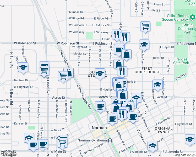 map of restaurants, bars, coffee shops, grocery stores, and more near 800 North Peters Avenue in Norman