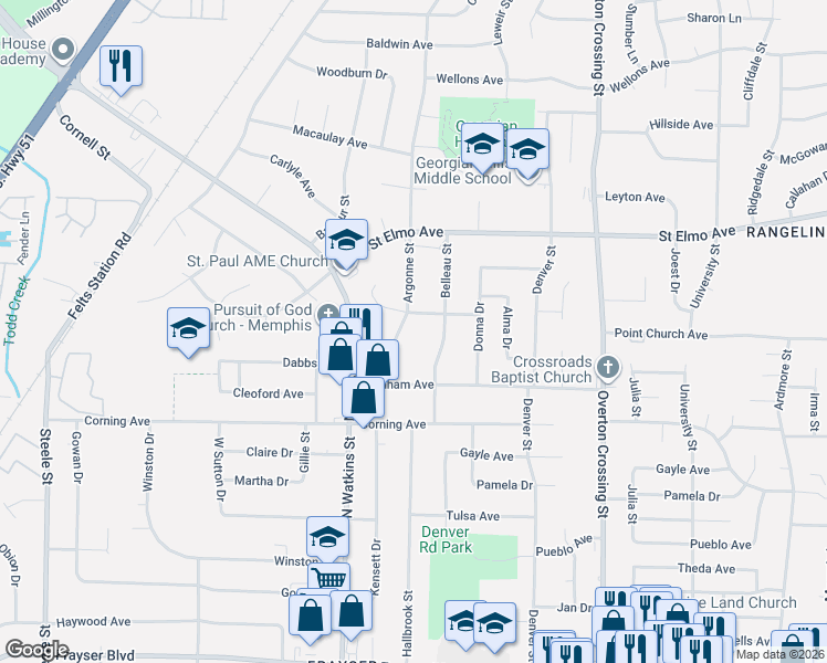map of restaurants, bars, coffee shops, grocery stores, and more near 3731 Belleau Street in Memphis