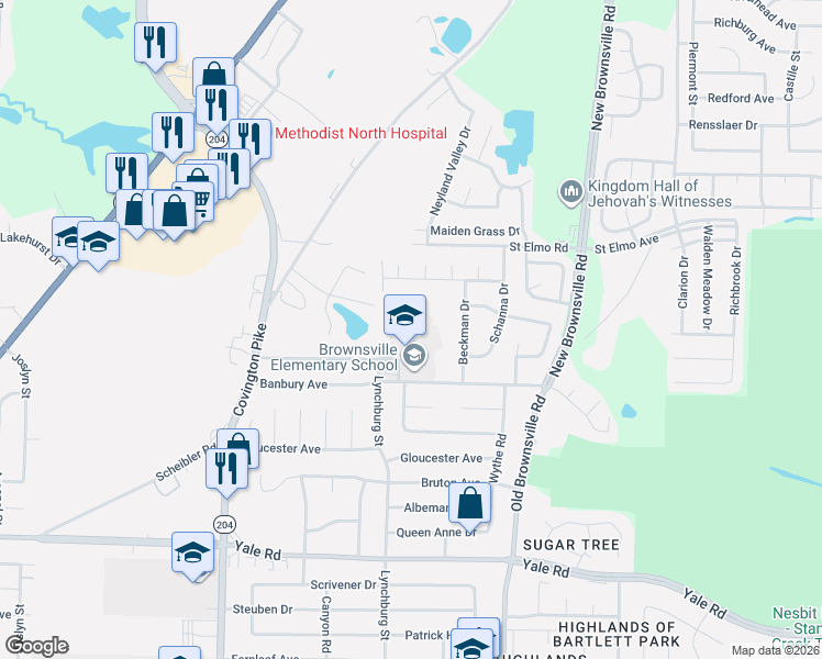 map of restaurants, bars, coffee shops, grocery stores, and more near Downs Drive in Memphis