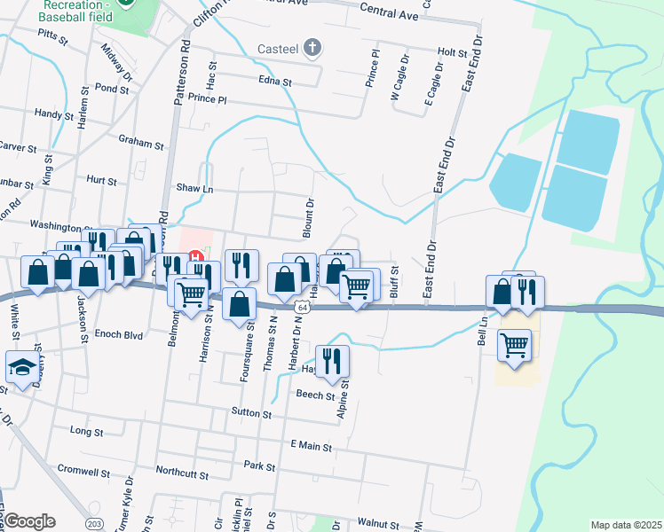 map of restaurants, bars, coffee shops, grocery stores, and more near 30 Mill Street in Savannah
