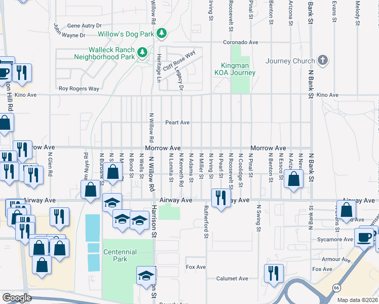 map of restaurants, bars, coffee shops, grocery stores, and more near 3599-3601 N Kenneth Rd in Kingman