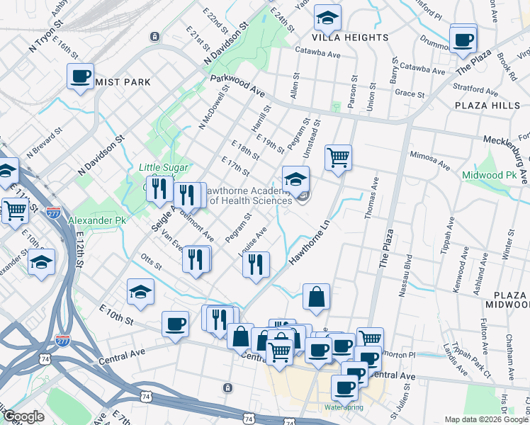 map of restaurants, bars, coffee shops, grocery stores, and more near 1233 Louise Avenue in Charlotte