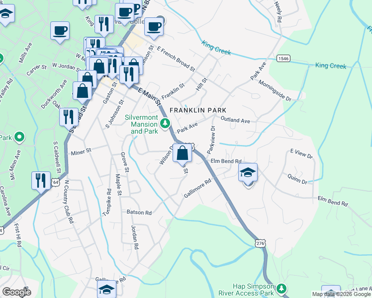 map of restaurants, bars, coffee shops, grocery stores, and more near 570 East Main Street in Brevard