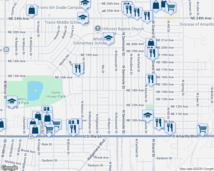 map of restaurants, bars, coffee shops, grocery stores, and more near 1222 North Marrs Street in Amarillo