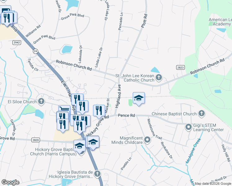map of restaurants, bars, coffee shops, grocery stores, and more near 6400 Market Street in Charlotte