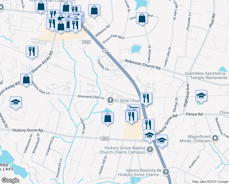 map of restaurants, bars, coffee shops, grocery stores, and more near 6840 Cypress Tree Lane in Charlotte