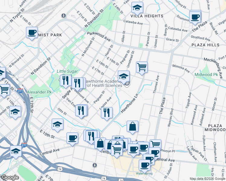 map of restaurants, bars, coffee shops, grocery stores, and more near 1233 Louise Avenue in Charlotte