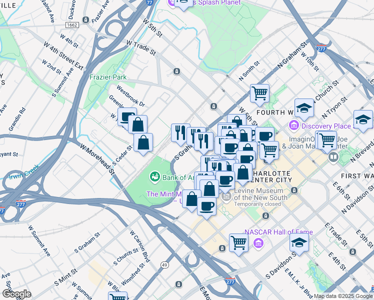 map of restaurants, bars, coffee shops, grocery stores, and more near 401 North Carolina 49 in Charlotte