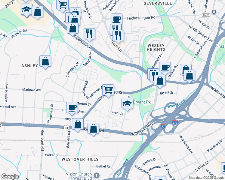 map of restaurants, bars, coffee shops, grocery stores, and more near in Charlotte