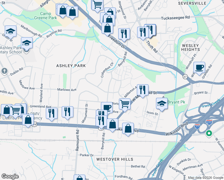 map of restaurants, bars, coffee shops, grocery stores, and more near 2512 Alyssa Lane in Charlotte