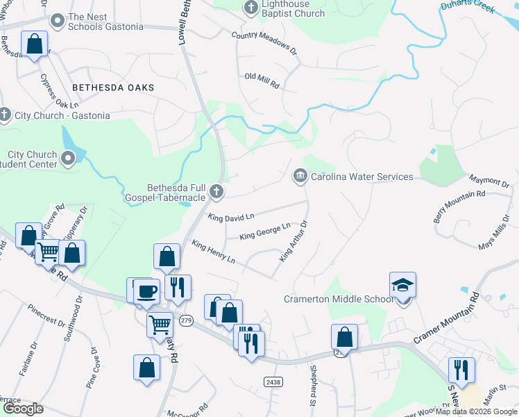 map of restaurants, bars, coffee shops, grocery stores, and more near 209 King David Lane in Gastonia