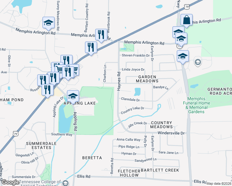 map of restaurants, bars, coffee shops, grocery stores, and more near 3721 Haynes Road in Bartlett