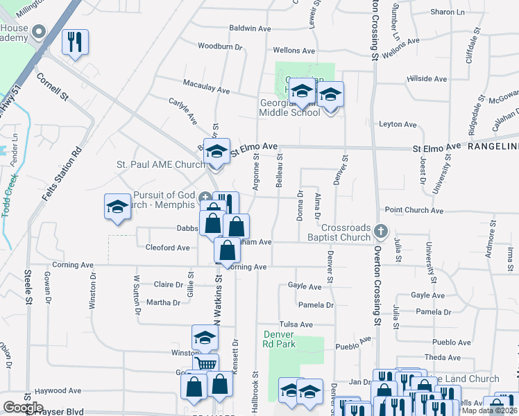 map of restaurants, bars, coffee shops, grocery stores, and more near 3731 Belleau Street in Memphis