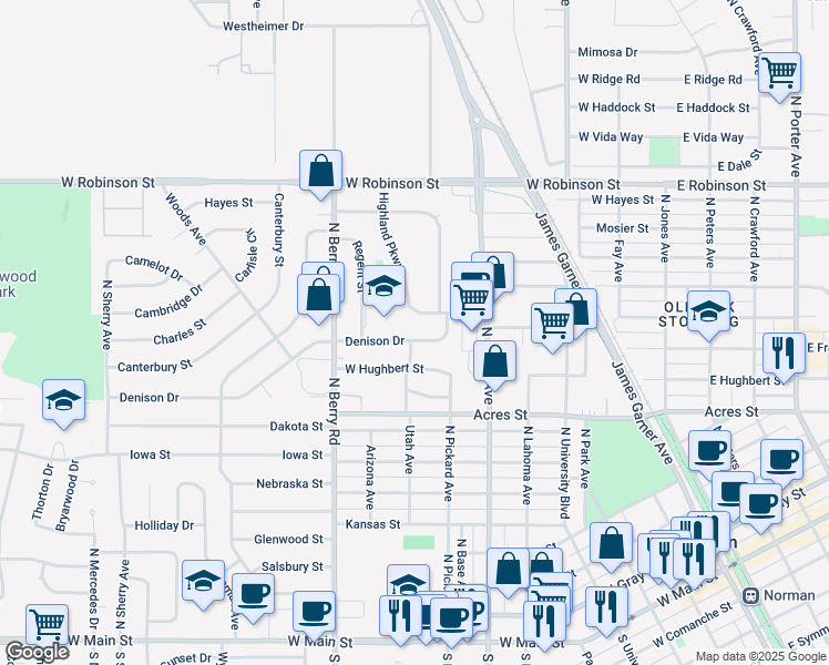 map of restaurants, bars, coffee shops, grocery stores, and more near 807 West Hughbert Street in Norman
