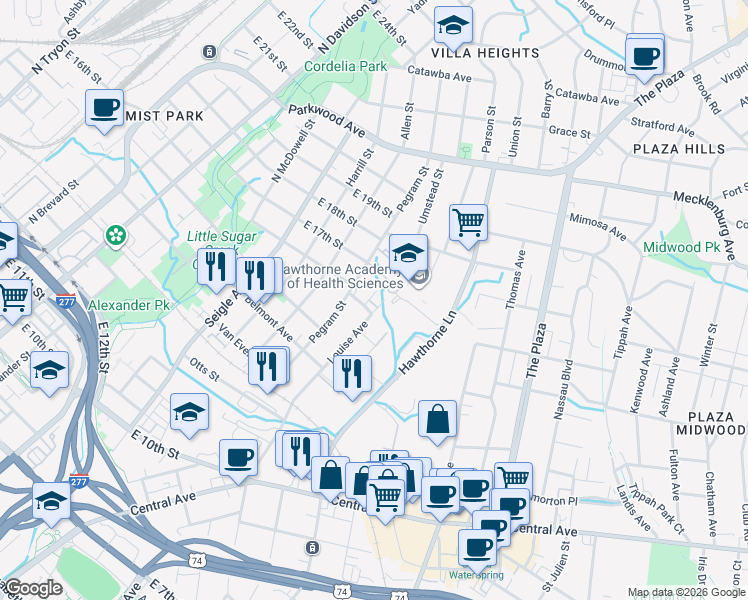 map of restaurants, bars, coffee shops, grocery stores, and more near 1233 Louise Avenue in Charlotte