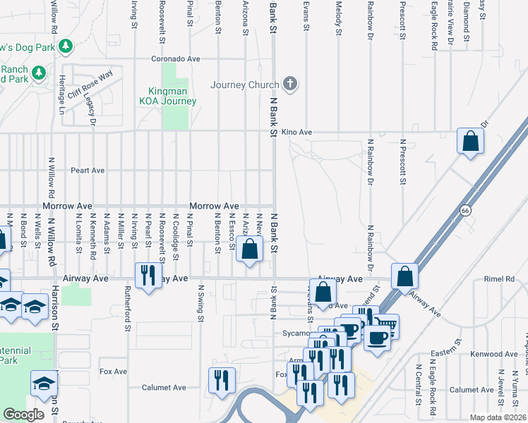 map of restaurants, bars, coffee shops, grocery stores, and more near 3576-3642 North Nevada Street in Kingman