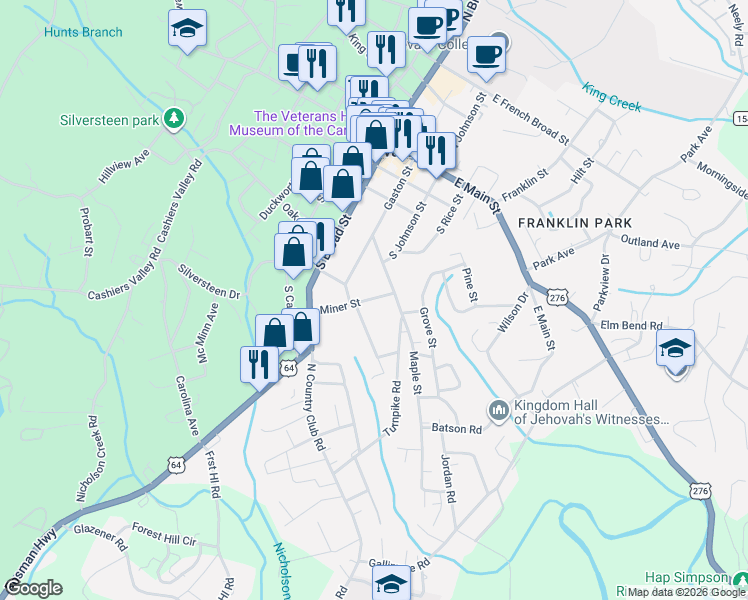 map of restaurants, bars, coffee shops, grocery stores, and more near 49 Miner Street in Brevard