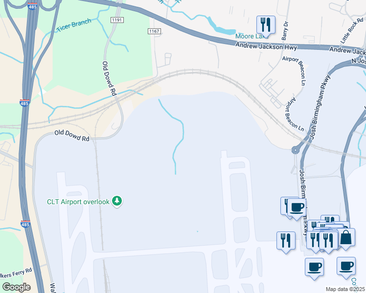 map of restaurants, bars, coffee shops, grocery stores, and more near Airport Overlook Drive in Charlotte