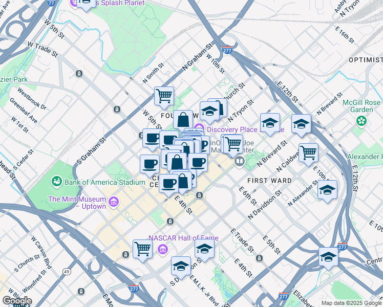 map of restaurants, bars, coffee shops, grocery stores, and more near 224 North Tryon Street in Charlotte