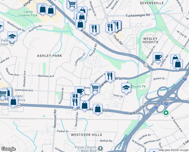 map of restaurants, bars, coffee shops, grocery stores, and more near in Charlotte